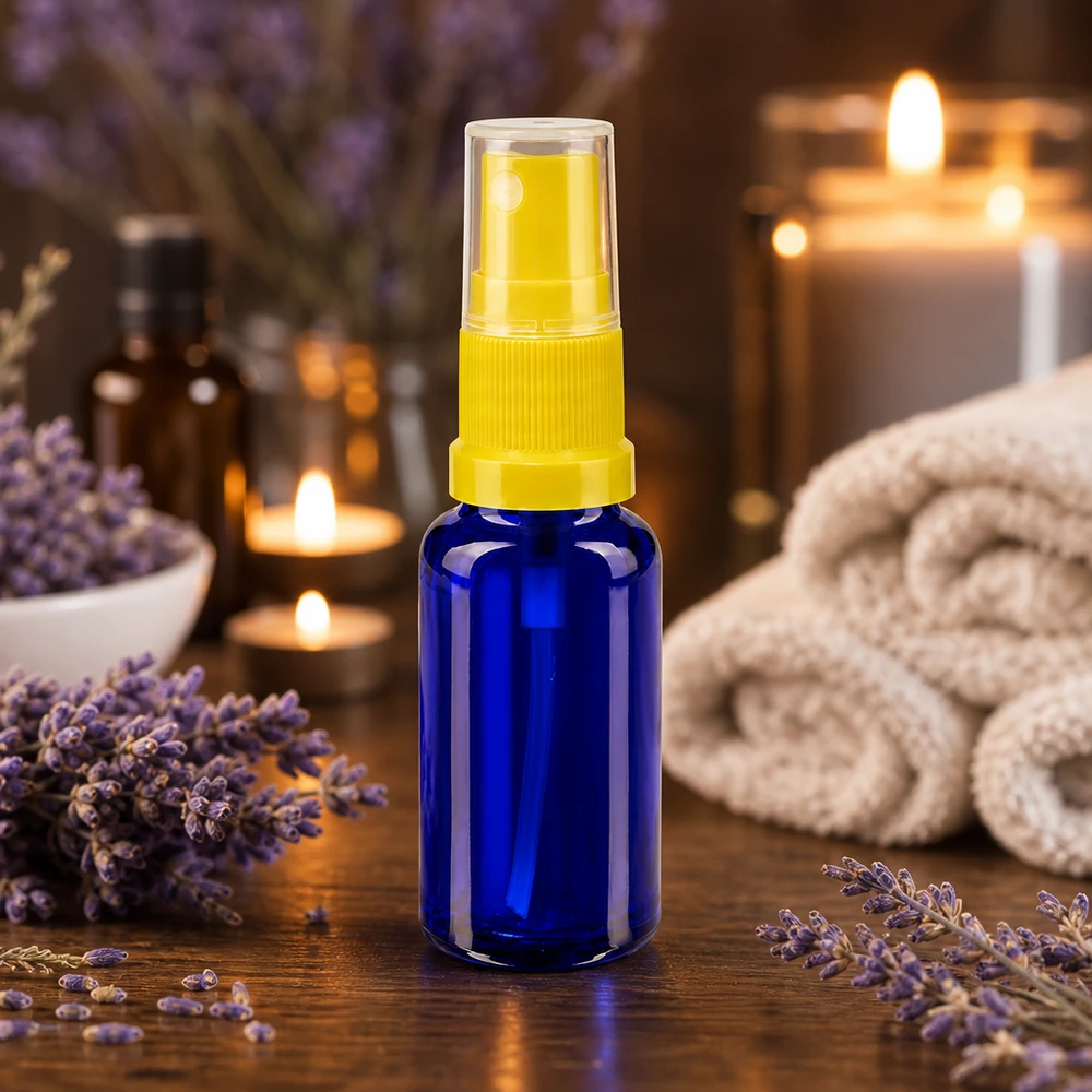 Flacon en verre bleu de 20 ml avec protection contre les UV et vaporisateur jaune, destiné aux huiles essentielles et aux hydrolats