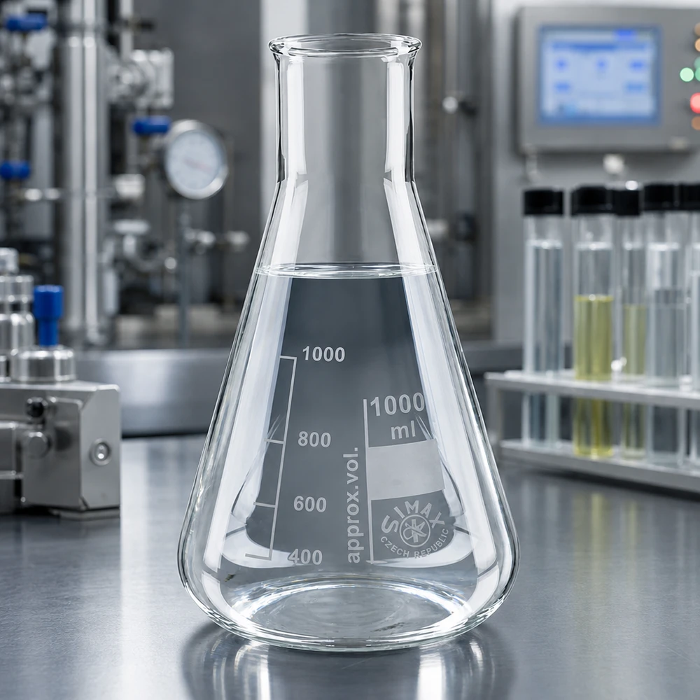 Erlenmeyer 100ml col large, verre borosilicate Erlenmeyer professionnel 1000ml col large sur surface réfléchissante en environnement de laboratoire stérile