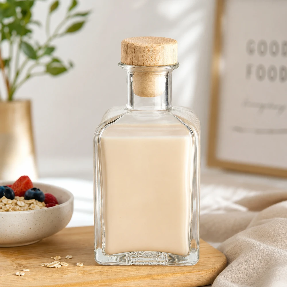 Flacon à pharmacie 200 ml « Clara » avec bouchon en bois UNiTWIST® Bouteille en verre Clara de 200 ml remplie de lait d'avoine Bouchon en bois Bol de céréales Baies Oats alimentation saine Petit déjeuner