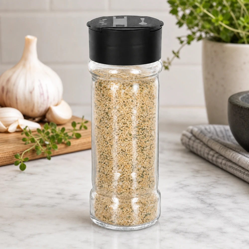 Pot à sel/épices 100 ml avec double saupoudreuse, noir Bocal transparent à herbes aromatiques de 100 ml avec couvercle saupoudreur, à côté d'ail frais et d'herbes aromatiques