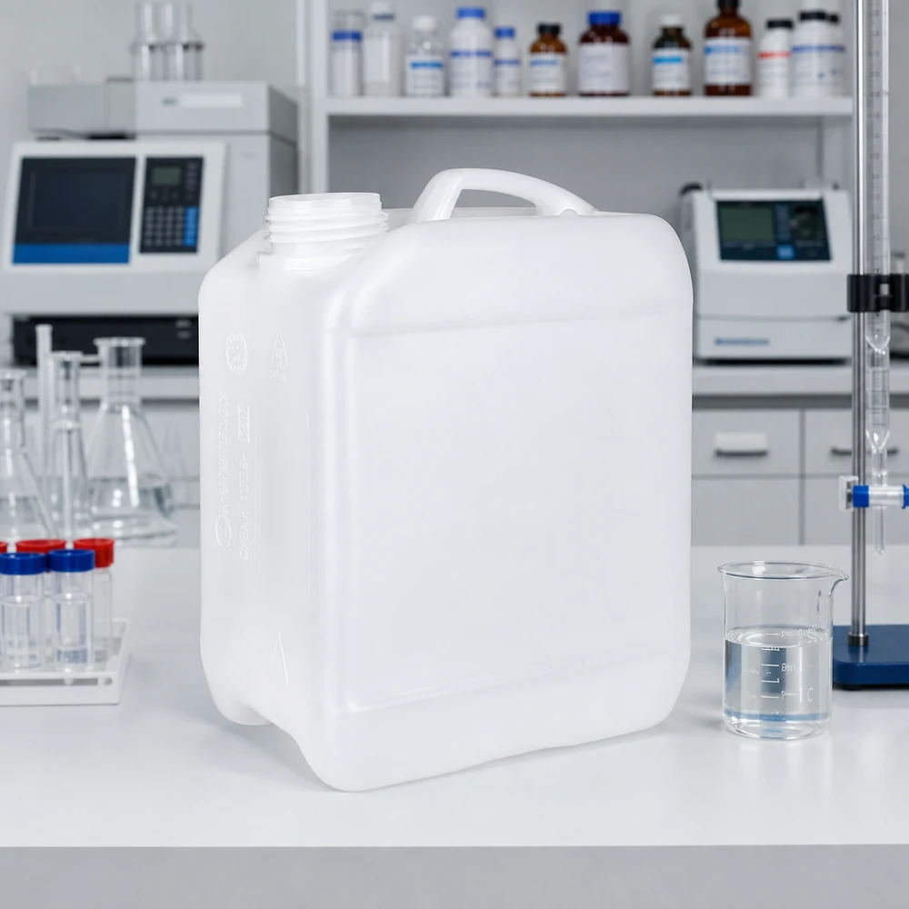Petit bidon en plastique transparent de 2,5 L sans couvercle, destiné à un usage professionnel en laboratoire