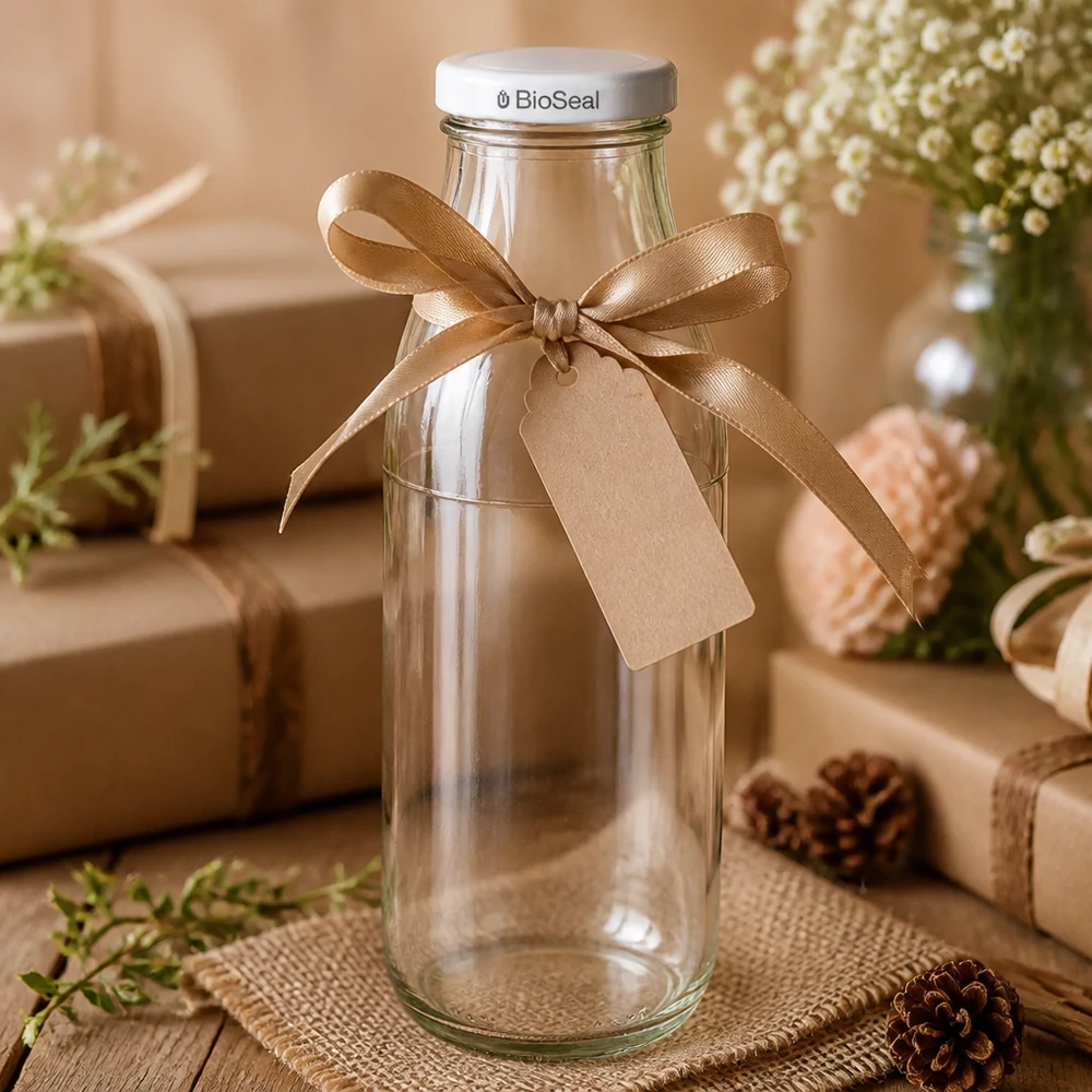 500ml Bouteille avec couvercle BioSeal blanc UNiTWIST Bouteille en verre vide de 500ml emballée comme cadeau avec un ruban brun et un pendentif, couvercle BioSeal blanc