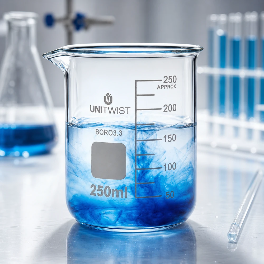Bécher 250ml borosilicate, forme basse UNiTWIST Verre à bec UNiTWIST de 250 ml, de forme basse, posé sur une table en acier inoxydable, avec des tubes à essai en arrière-plan
