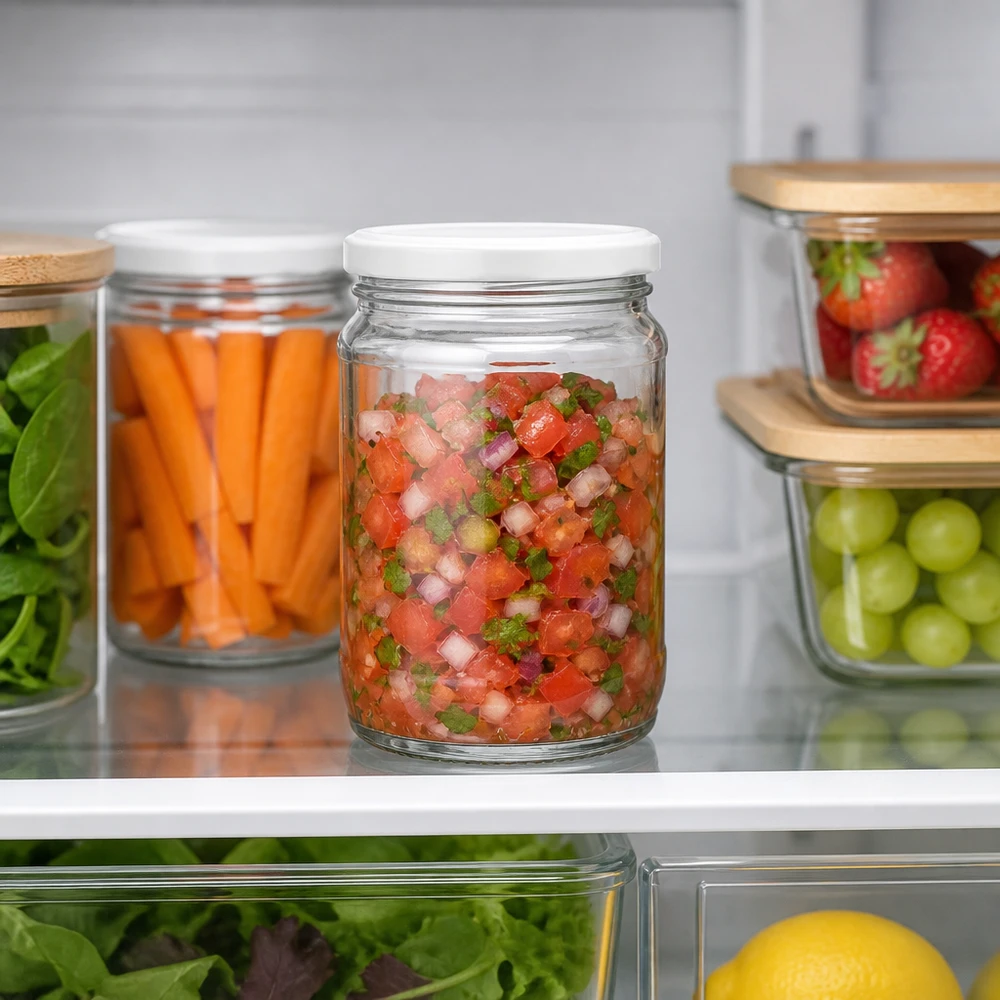Pot en verre rond UNiTWIST de 370 ml avec couvercle BasicSeal blanc, pour conserver la salsa au réfrigérateur