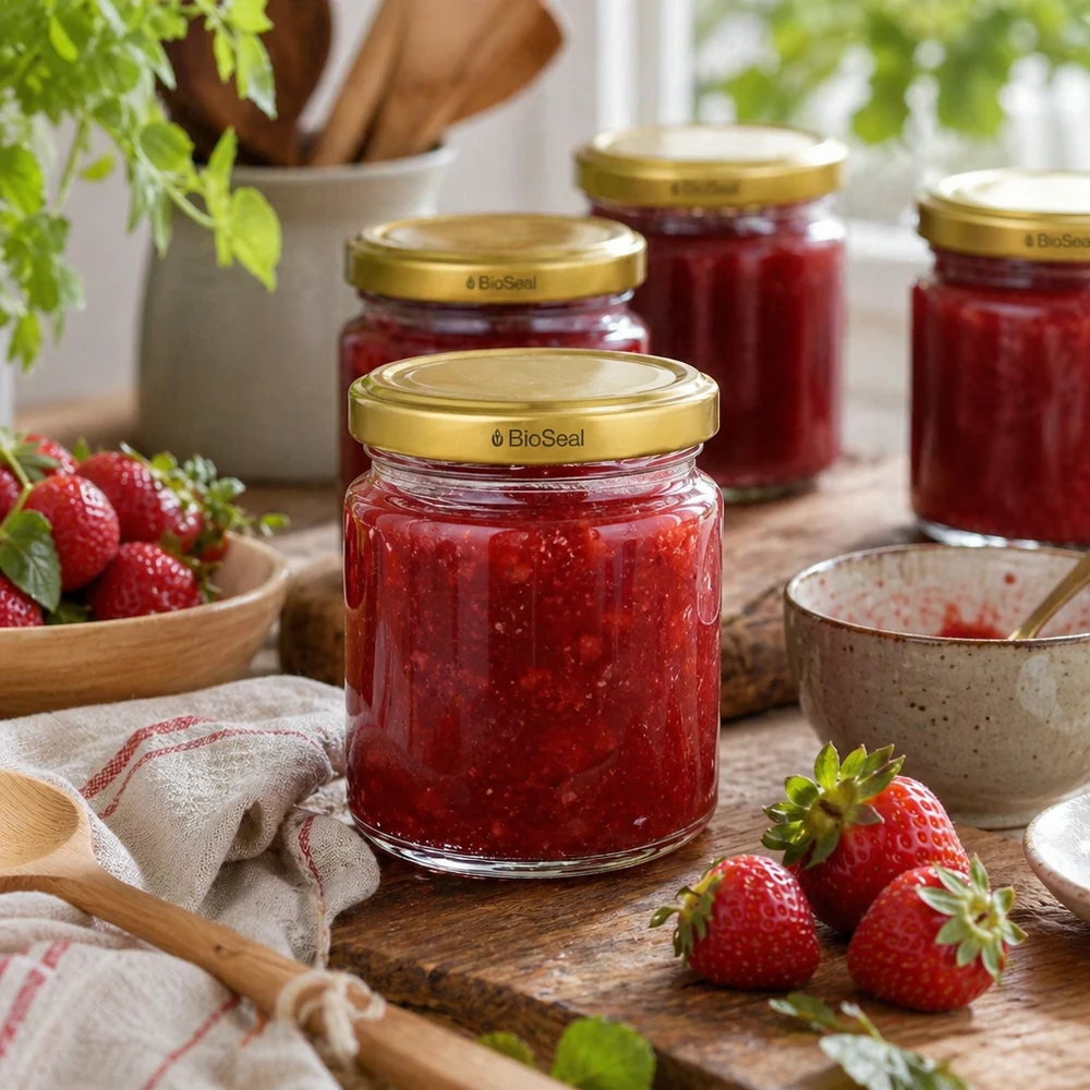 Pots à confiture UNiTWIST Runda53 avec couvercle TO43 BioSeal doré remplis de confiture de fraises à côté de fraises fraîches
