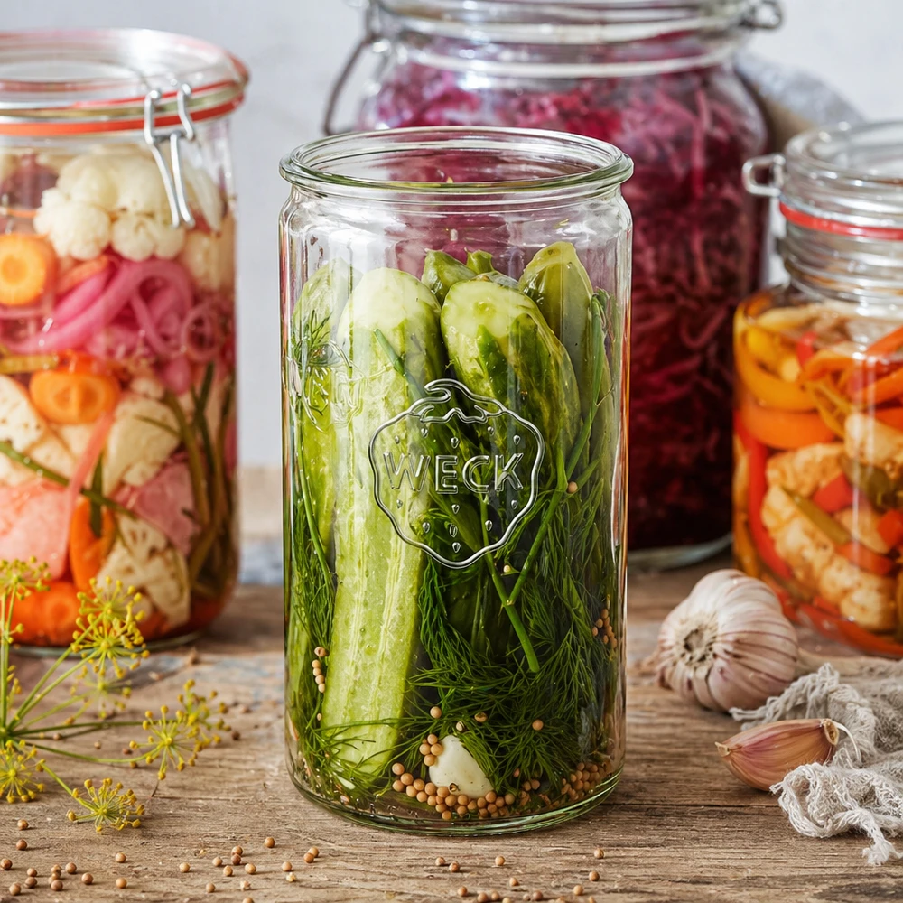 WECK RR100 Pot cylindrique 1590ml avec cornichons et aneth marinés à côté de bocaux colorés sur une planche en bois