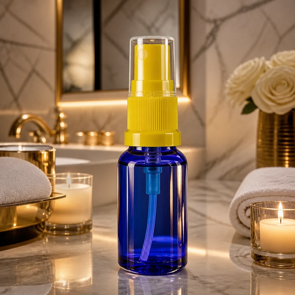 Flacon bleu cobalt de 30 ml avec vaporisateur de qualité pharmaceutique et capuchon transparent