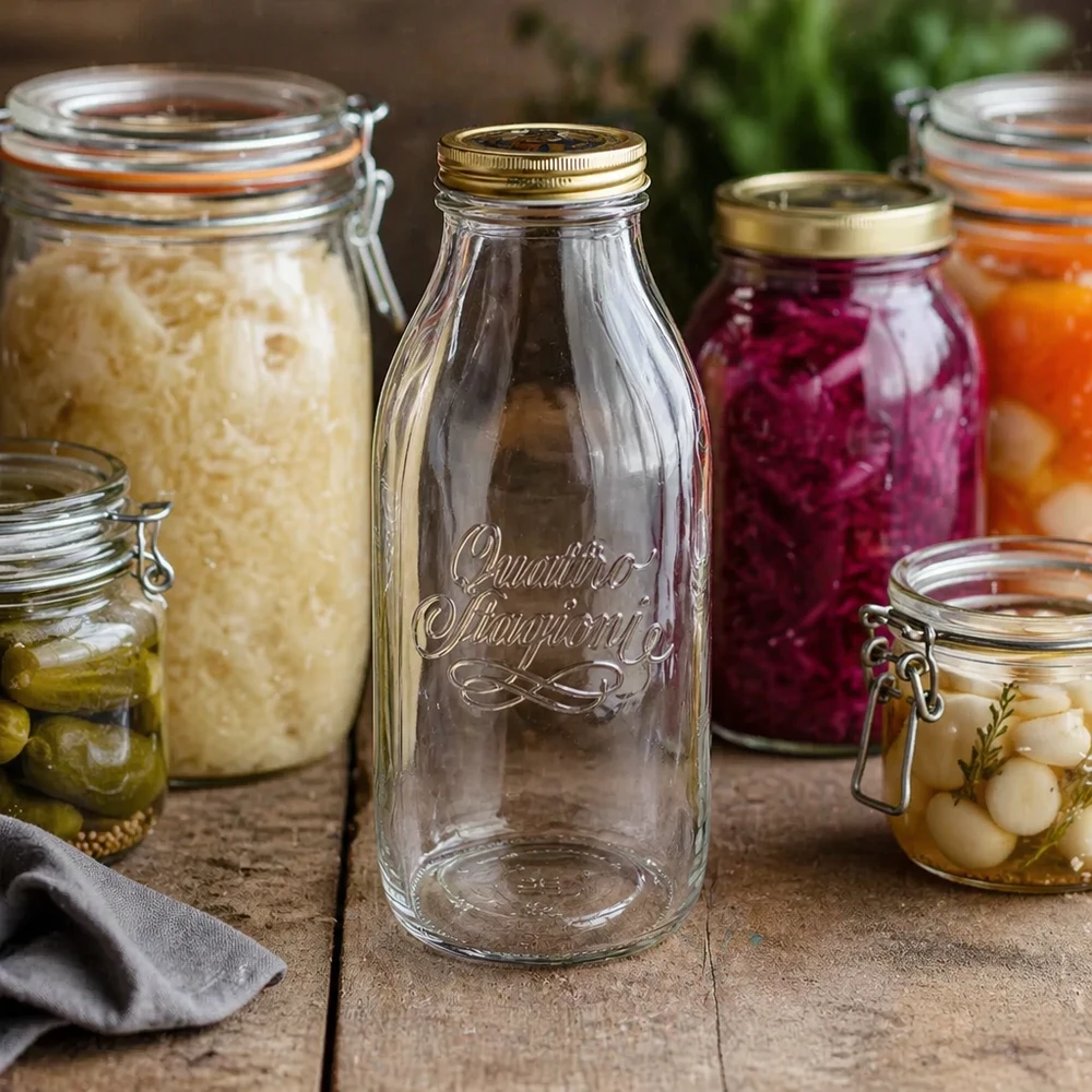 Bouteille de verre Quattro Stagioni 1000ml entre les bocaux de légumes fermentés et d'aliments marinés