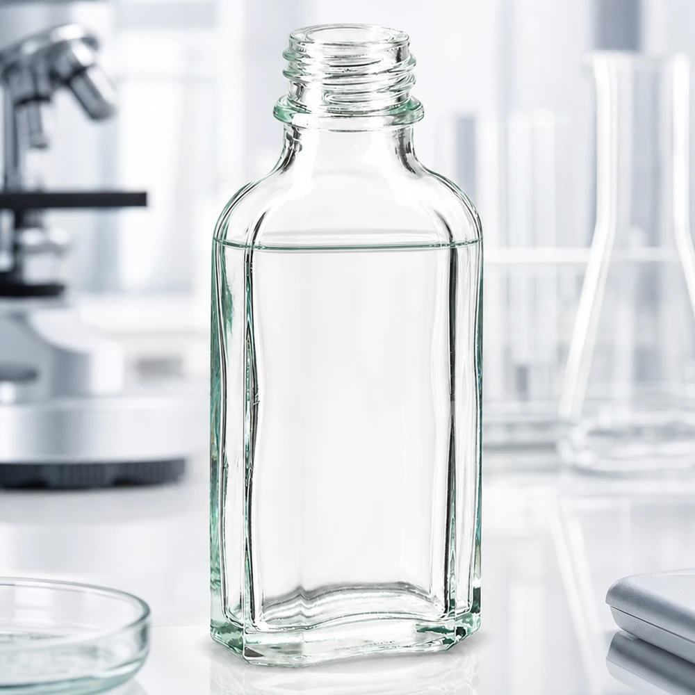 Flasque transparente de 50 ml au goulot DIN 22 Flacon en verre transparent de 50 ml, de forme plate, avec bouchon DIN22
