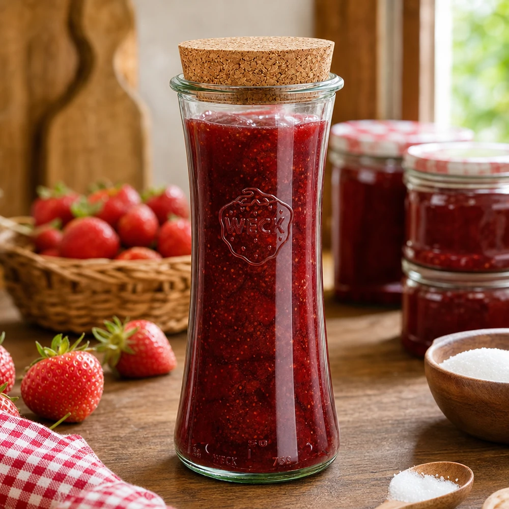 WECK RR80 Pot de conserve 700ml avec bouchon en liège rempli de confiture de fraises sur une table en bois à côté de fraises fraîches