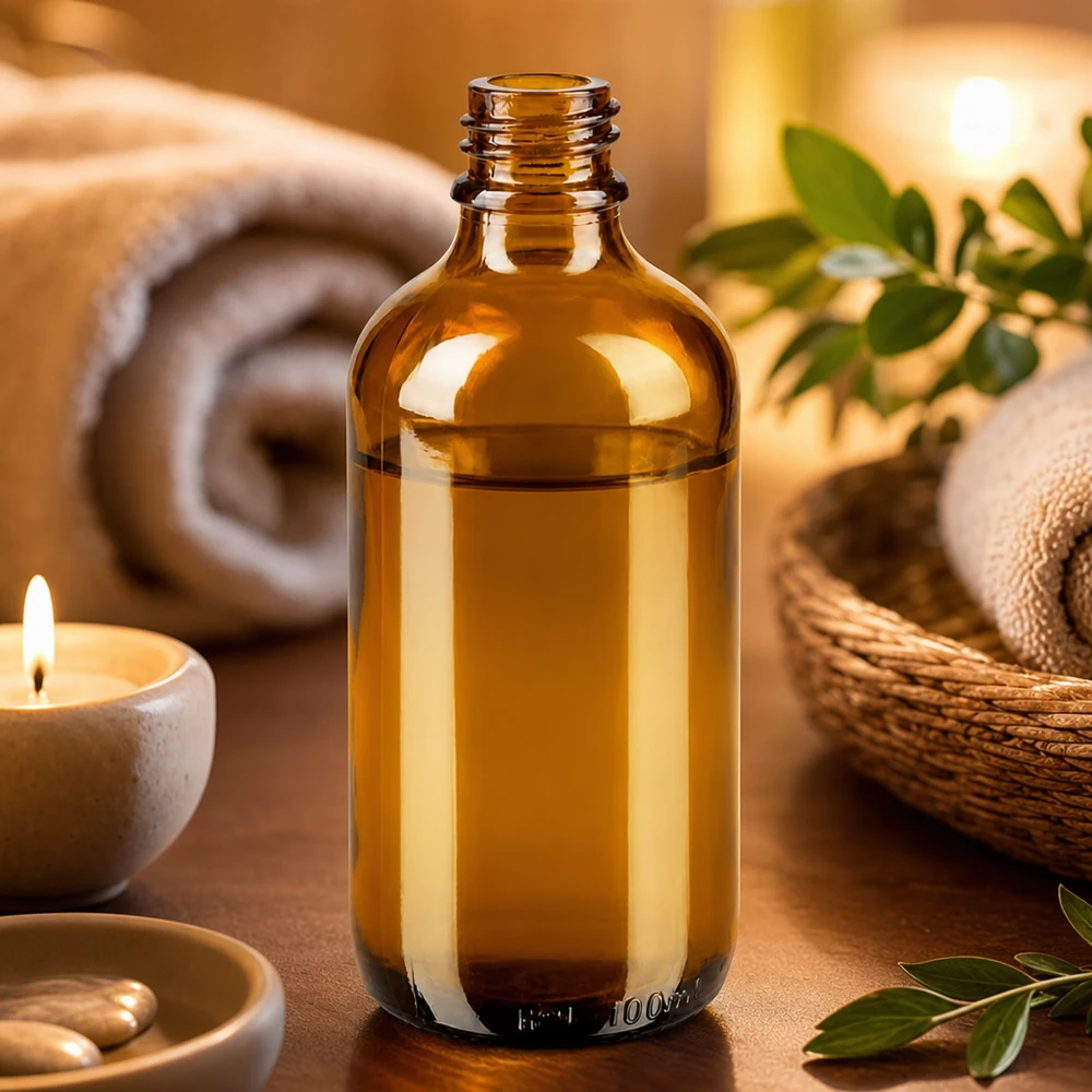 Flacon à pharmacie marron 100ml ApoGlas Bouteille de pharmacie brune 100ml ApoGlas dans une ambiance chaleureuse de bien-être avec des serviettes en bougie et des feuilles vertes