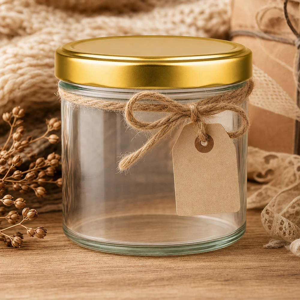 Verre cylindrique de 230 ml avec couvercle doré décoré d'un nœud en jute et d'une étiquette en papier kraft rustique