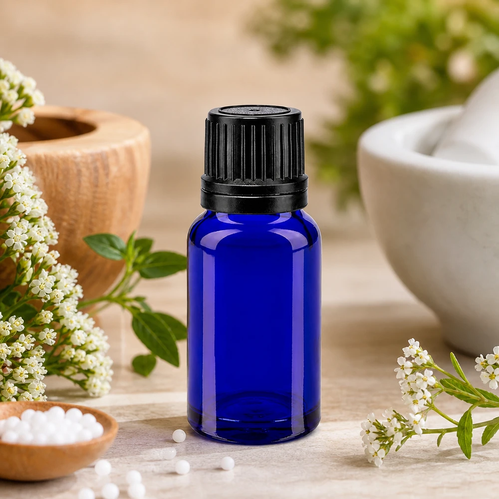Flacon de pharmacie bleu 10ml bouchon vissable noir bague de coulée bouchon d'inviolabilité Flacon en verre bleu cobalt de 10 ml avec bouchon d'origine à sécurité enfants pour granules homéopathiques