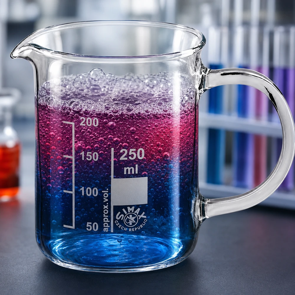 Bécher avec poignée 250ml en verre borosilicate résistant à la chaleur (forme normale) Un bécher à anse de 250 ml à côté de tubes à essai contenant des liquides colorés dans un laboratoire