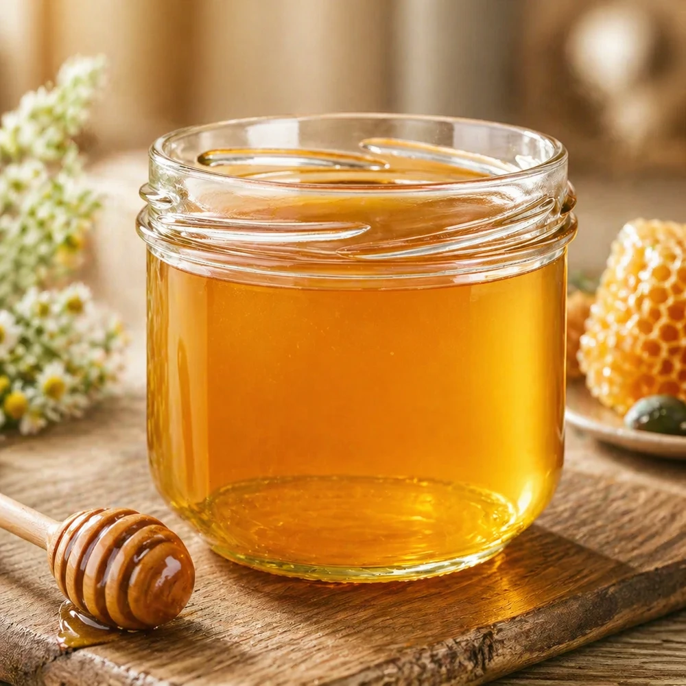 260ml Verre conique sans couvercle (TO82) UNiTWIST UNiTWIST Sturz260 Verre rond 260ml TO82 rempli de miel sur une planche en bois à côté de la cuillère à miel et des alvéoles