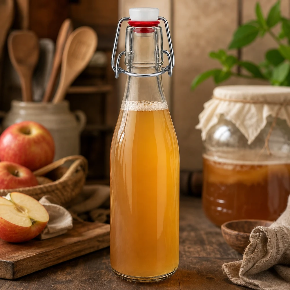 Bouteille en verre de 250 ml + bouchon mécanique en porcelaine UN.. Bouteille en verre de 250ml avec fermeture à étrier remplie de jus de pomme, tranches de pomme et pot de confiture en arrière-plan