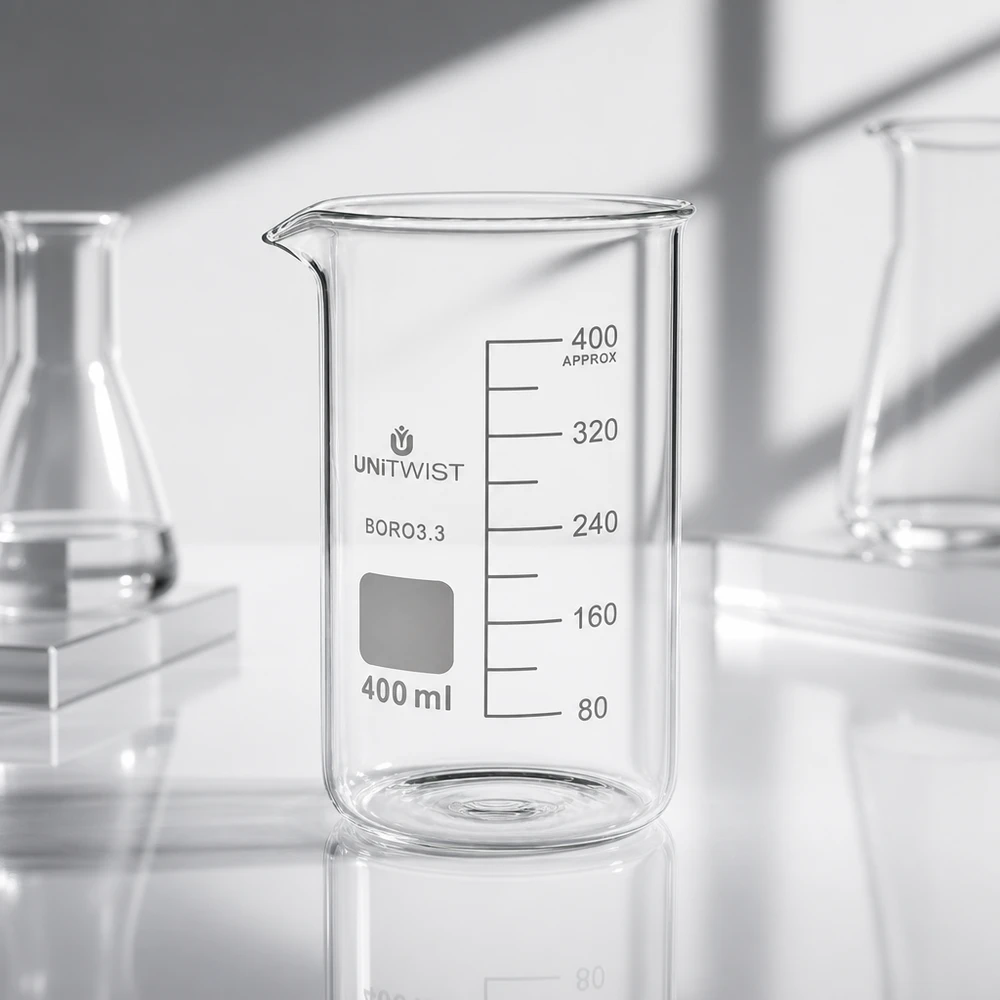 Verre à bec haut de 400 ml en verre borosilicaté UNITWIST avec bec verseur, sur fond blanc réfléchissant
