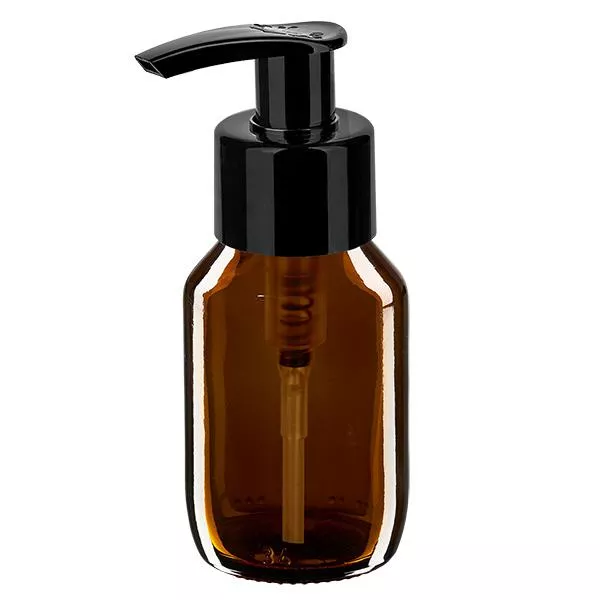 Flacon médical de 50ml brun, avec pompe distributrice noire Flacon médical de 50ml brun, avec pompe distributrice noire