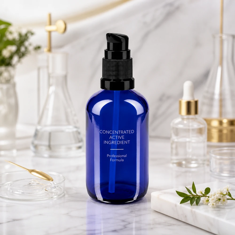Flacon-pompe STD bleu de 100 ml en verre de pharmacie, destiné aux principes actifs concentrés et à la formule professionnelle