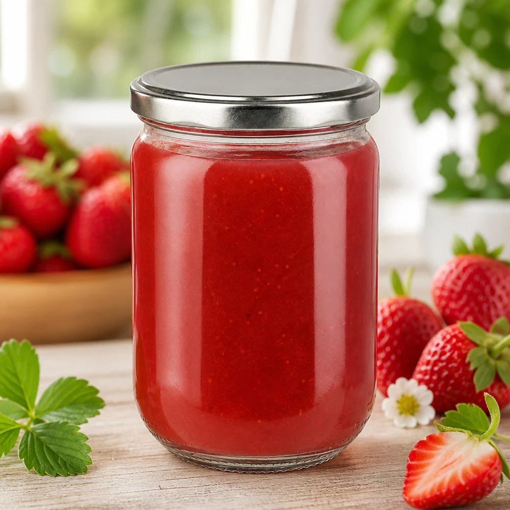 Bocal rond UNiTWIST de 555 ml avec couvercle BasicSeal argenté, idéal pour la confiture de fruits rouges