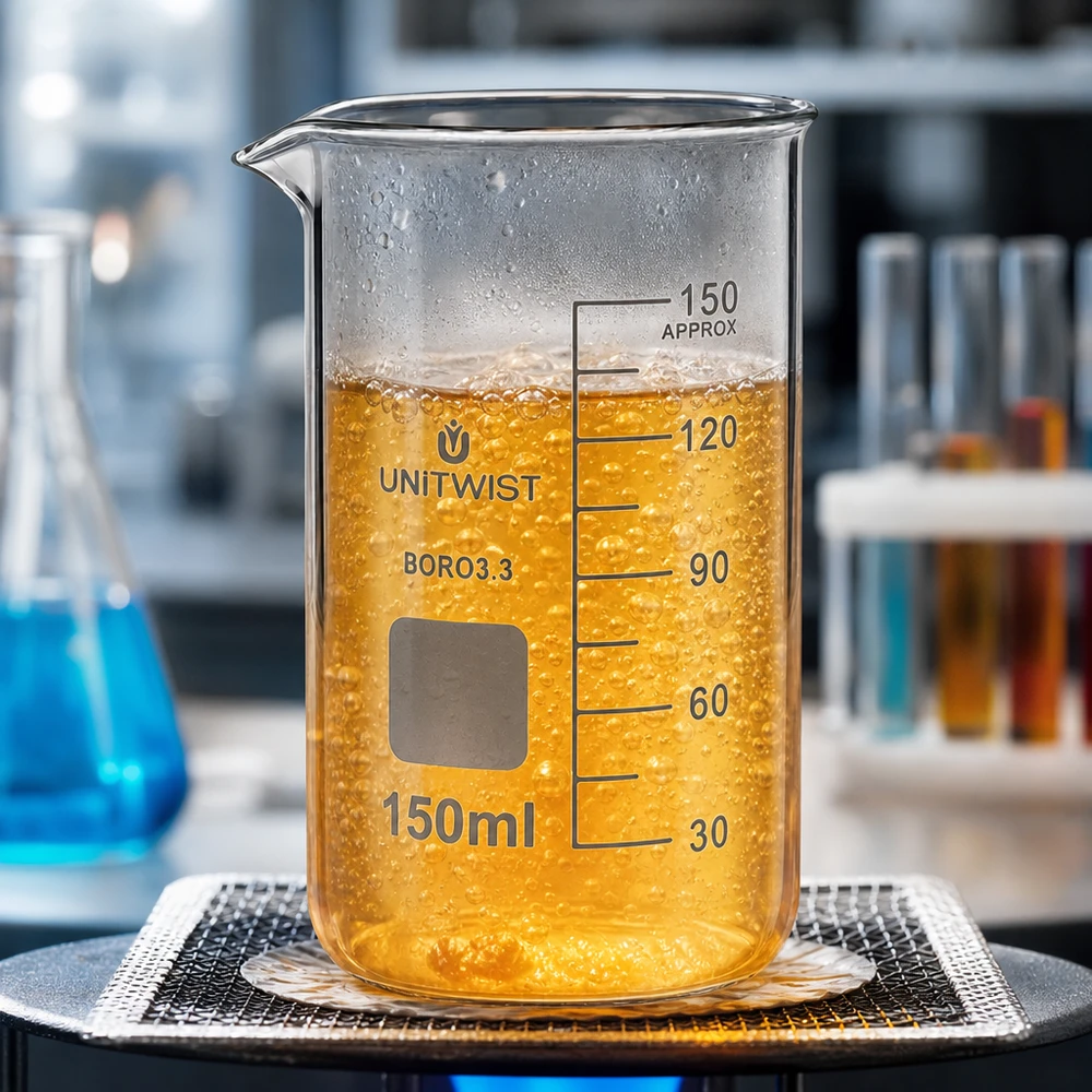 Bécher 150ml borosilicate, forme haute UNITWIST UNITWIST, bécher en verre de 150 ml, forme haute, posé sur une plaque chauffante à grille métallique, contenant un produit chimique moussant de couleur jaune