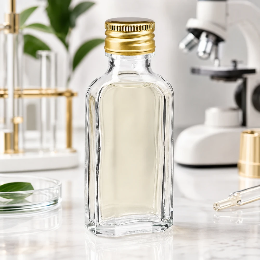 50 ml Meplat transparent avec bouchon alu or PP22 Flacon Meplat en verre transparent de 50 ml avec bouchon PP22 doré, à côté d'un microscope et de matériel de laboratoire