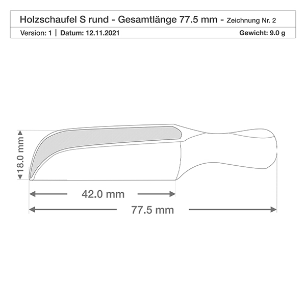 Pelle en bois taille S forme semi-circulaire - 75mm de long Dessin coté détaillé de la petite pelle en bois de hêtre avec une longueur de pelle de 42mm et une hauteur de 18mm Vue latérale