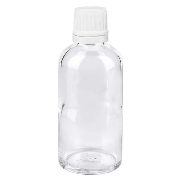 Bouteille de pharmacie claire 50ml bouchon vissable blanc bouchon inviolabilité Bouteille de pharmacie claire 50ml bouchon vissable blanc bouchon inviolabilité