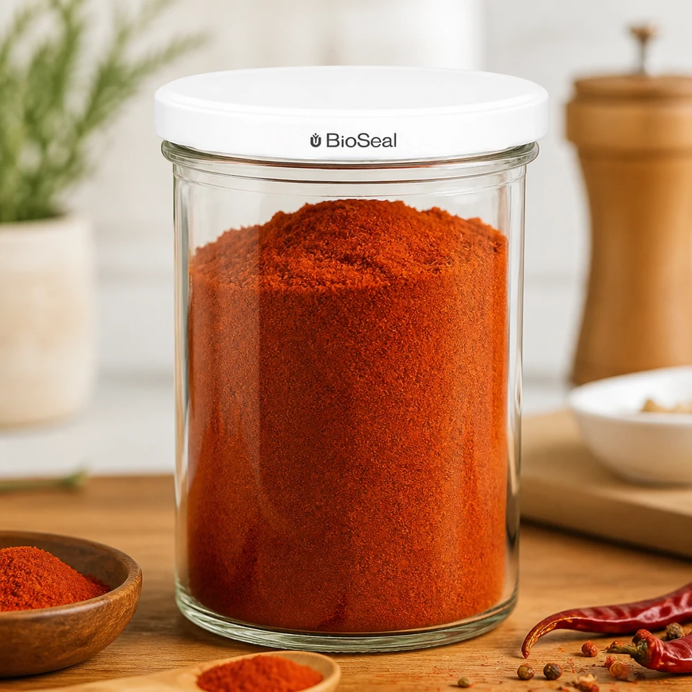 435ml Verre conique avec couvercle BioSeal blanc UNiTWIST UNiTWIST Pot de 435ml avec couvercle blanc TO82 BioSeal rempli de poudre de paprika montre conservation hermétique d'épices