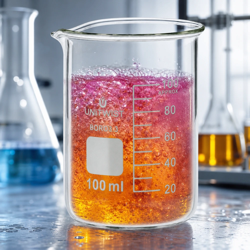 Bécher 100ml borosilicate, forme basse UNiTWIST Bécher en verre Boro 3.3 résistant à la chaleur, d'une contenance de 100 ml, avec un contenu pétillant et une échelle graduée jusqu'à 100 ml