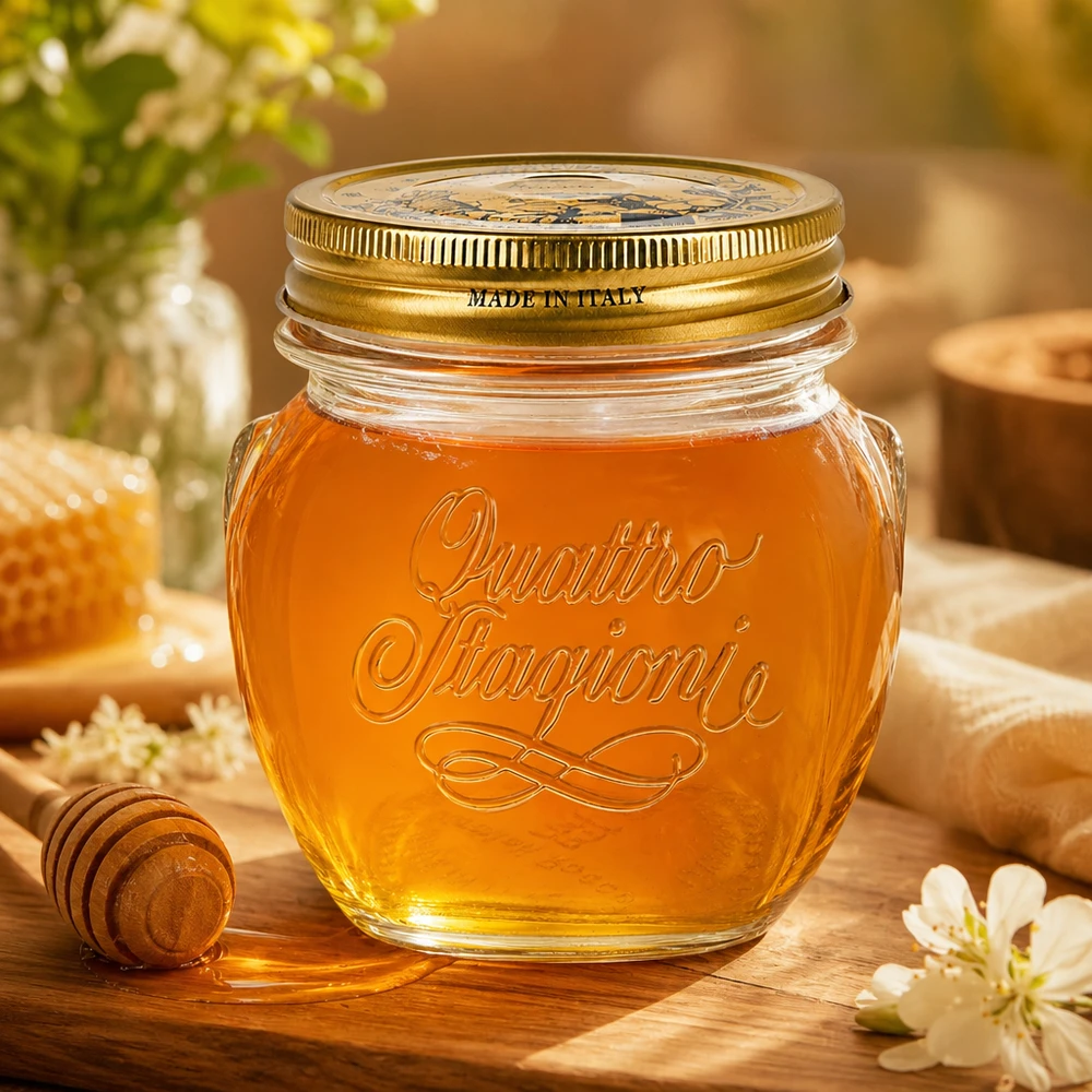 Quattro Stagioni 300ml verre rond avec couvercle doré rempli de miel sur table en bois Made in Italy