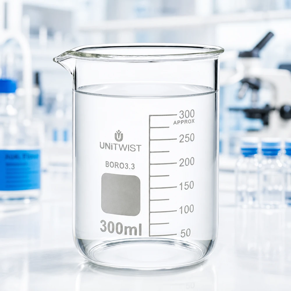 Bécher 300ml borosilicate, forme basse UNiTWIST Verre de laboratoire transparent de 300 ml, de forme basse, avec graduation, et flacons de laboratoire en arrière-plan flou