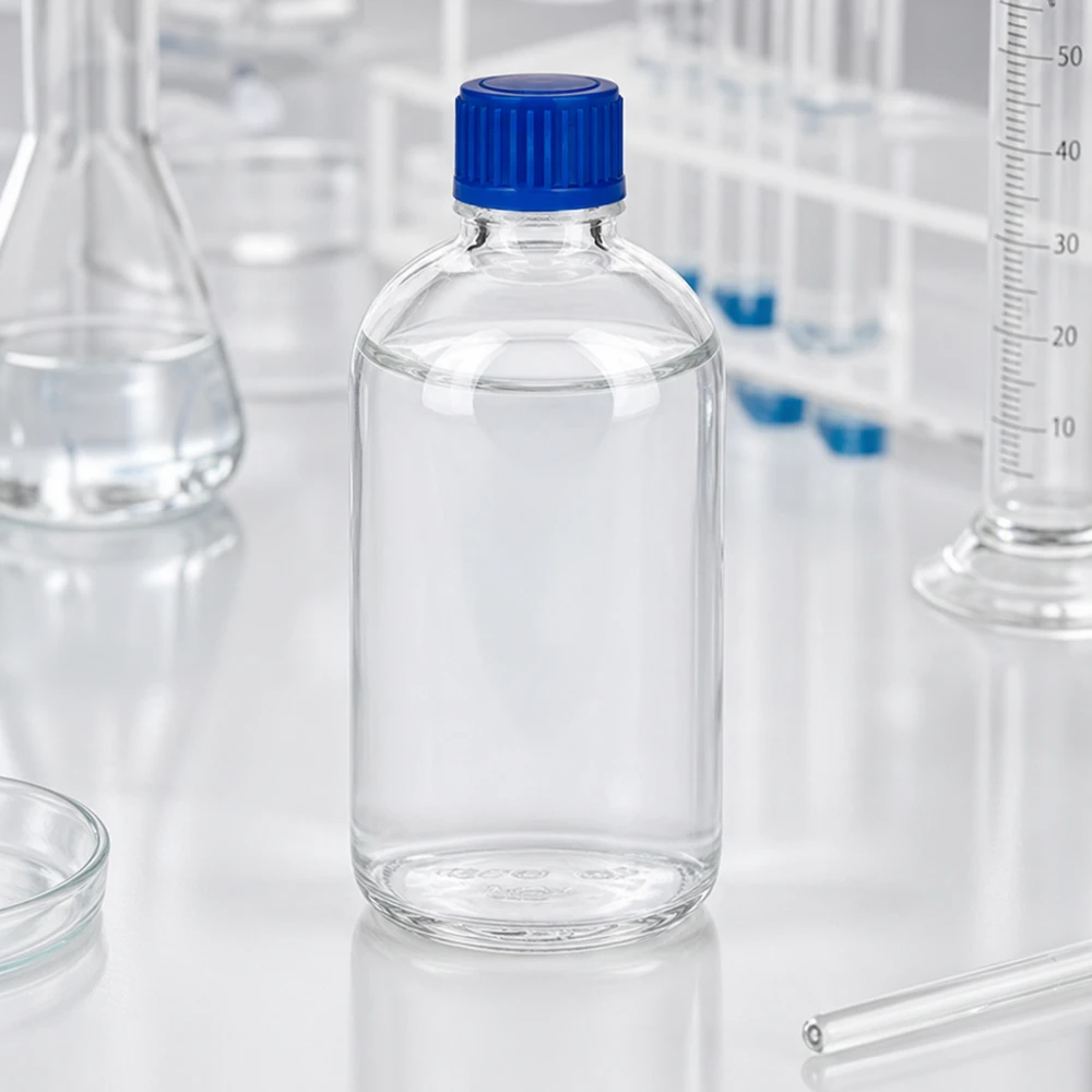 Flacon en verre transparent ClearLine UT18 de 100 ml, de qualité laboratoire, avec bouchon bleu de 11 mm, pour produits chimiques
