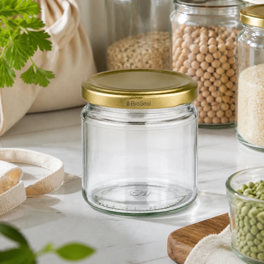 212ml Verre rond avec couvercle BioSeal or UNiTWIST UNiTWIST Pot rond 212ml avec couvercle TO66 BioSeal doré dans la cuisine durable zéro déchet avec légumineuses