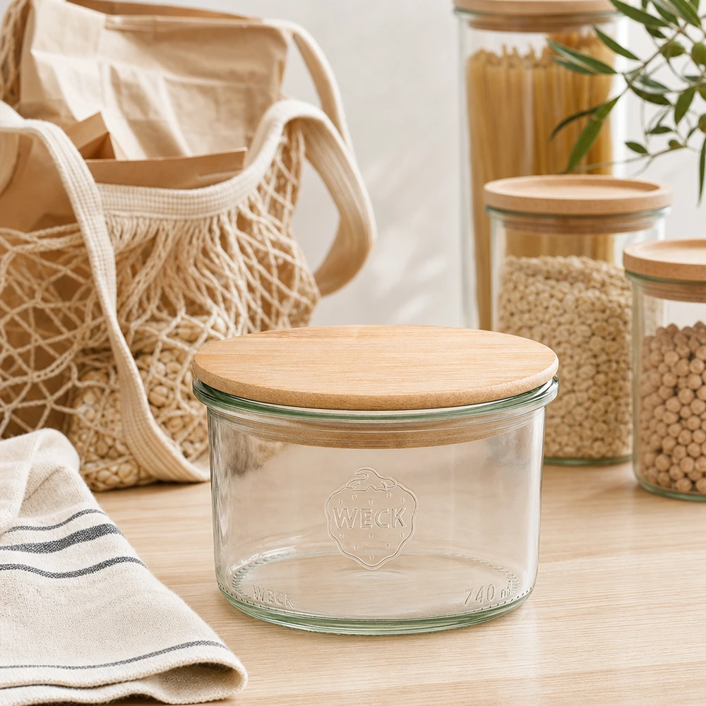 200ml bocal conique WECK RR80 avec couvercle en bois WECK Sturzglas 200ml mit Holzdeckel in moderner Zero-Waste Küche mit Vorratsgläsern und nachhaltigen Textilien