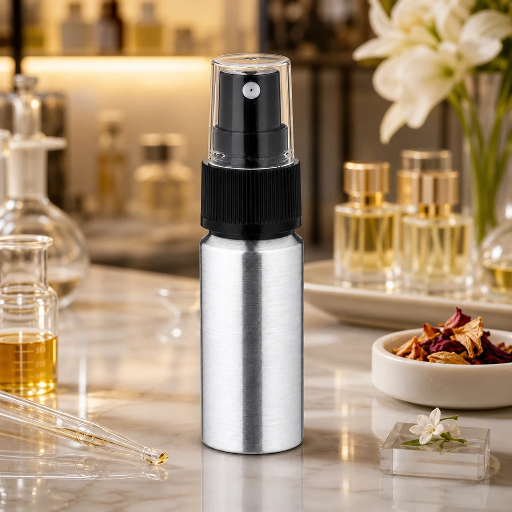 Bouteille en aluminium poncé 20 ml, avec vaporisateur à pompe noir Vaporisateur métallique 20ml en aluminium - alternative robuste aux bouteilles en verre