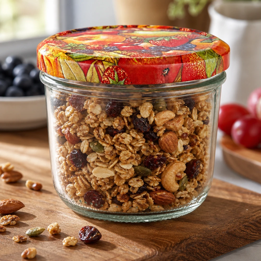 Pot renversé de 230 ml avec mélange de noix et couvercle multicolore BasicSeal décor fruits sur planche en bois avec noix et fruits secs