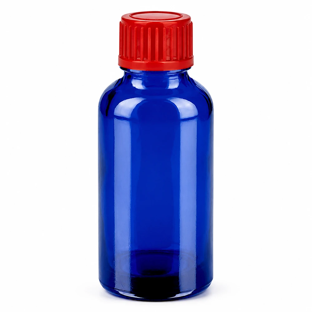 Flacon de 30ml 11mm SV rouge STD BlueLine UT18/30 Bouteille en verre de 30 ml de haute qualité en bleu cobalt avec bouchon rouge de sécurité pour les enfants