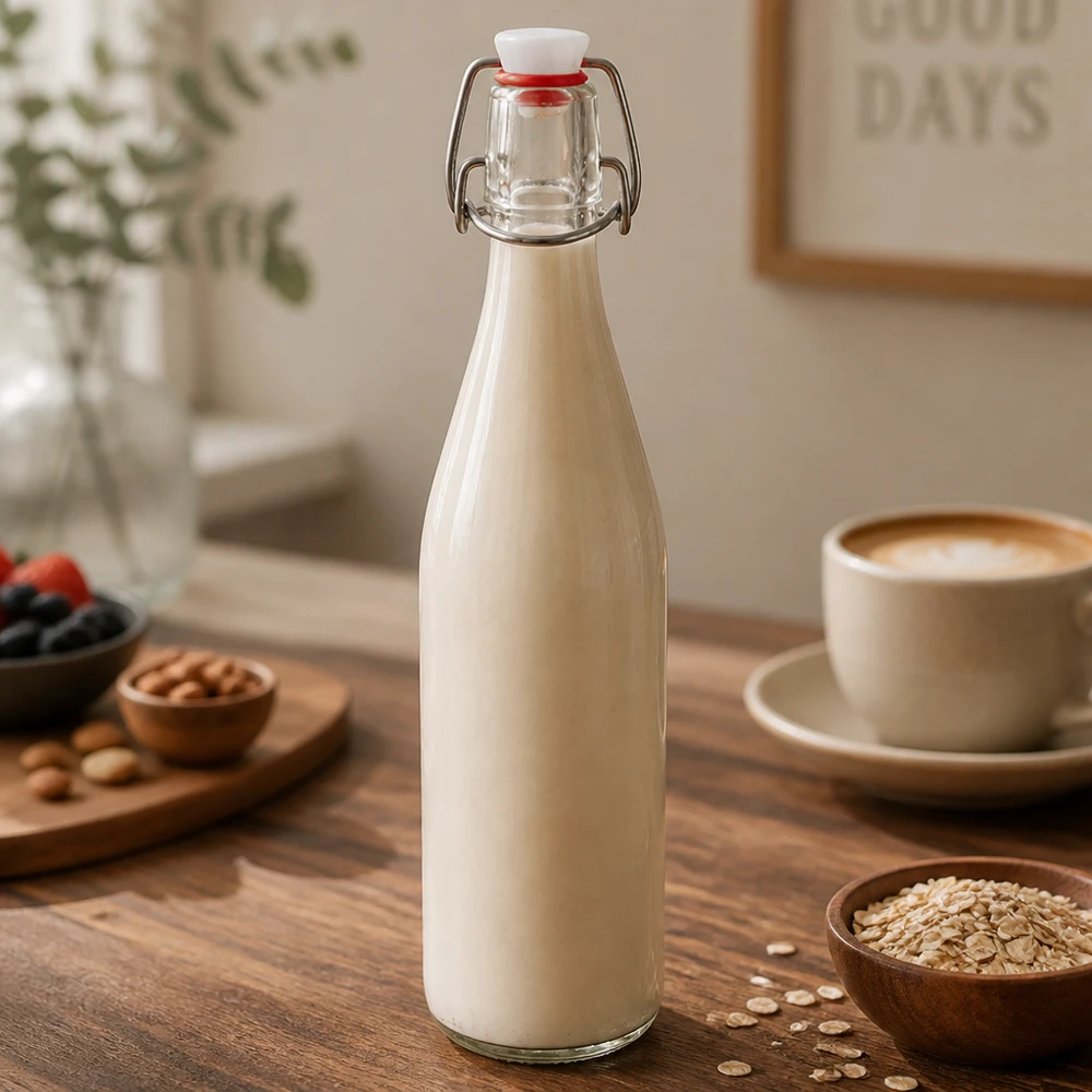 Bouteille en verre de 500 ml + bouchon mécanique en porcelaine UN.. Bouchon à étrier Bouteille en verre de 500 ml remplie de lait d'avoine sur une table en bois à côté d'une tasse de café et de flocons d'avoine
