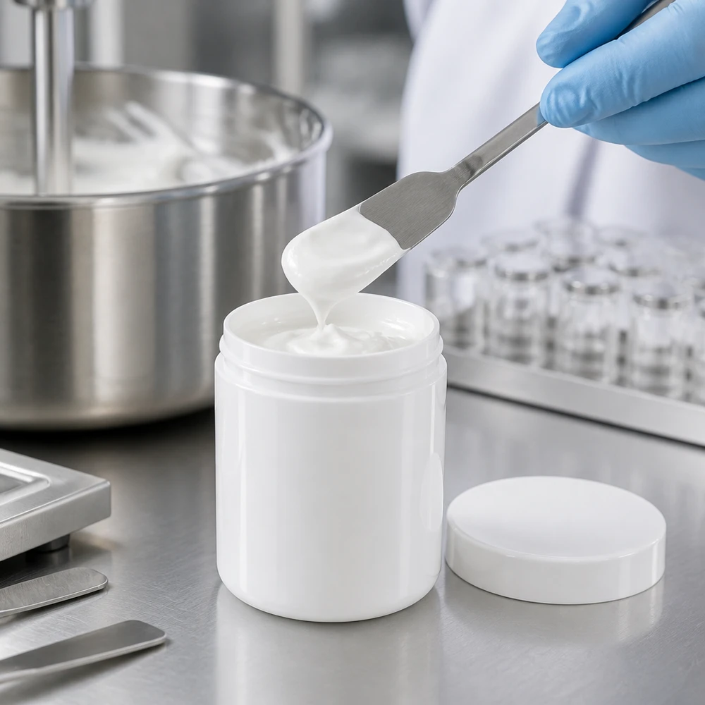 Pot à onguent blanc 300 g avec couvercle blanc (PP) Conditionnement pharmaceutique d'une crème blanche dans un pot à pommade de 300 g en PP de qualité alimentaire