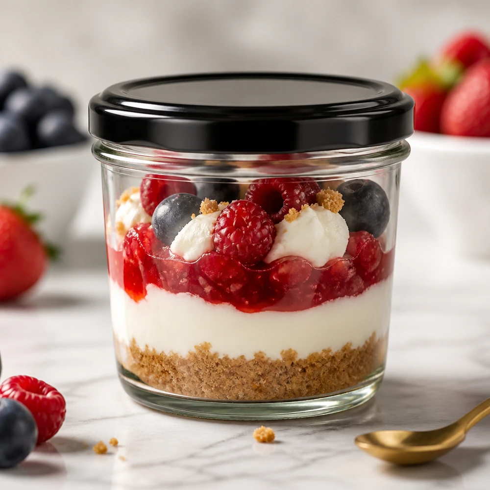Verre renversé de 230 ml avec couvercle BasicSeal noir rempli d'un dessert aux fruits rouges montre un portionnement et une présentation élégants