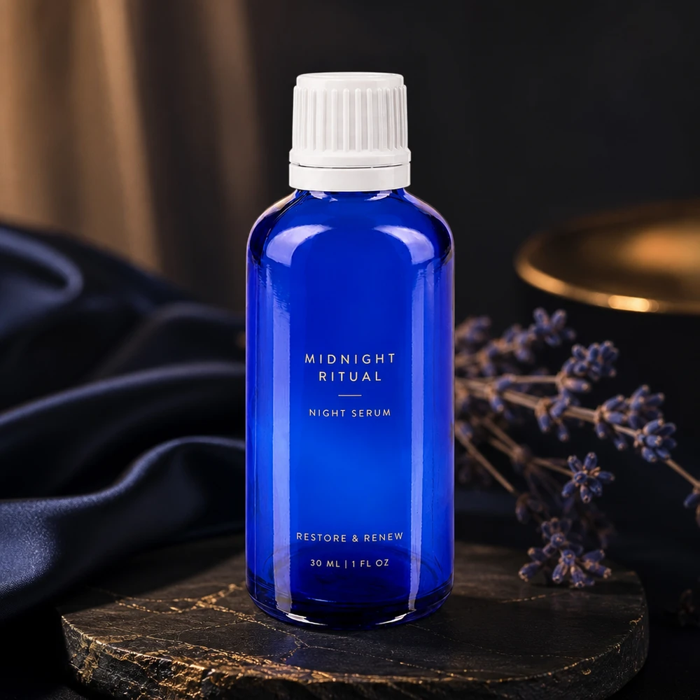 Flacon de pharmacie bleu cobalt muni d'un bouchon à vis d'origine, à côté de fleurs de lavande séchées