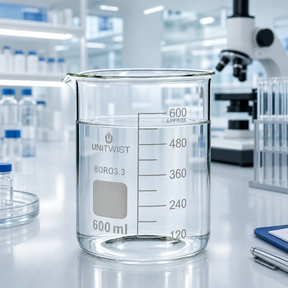 Bécher 600ml borosilicate, forme basse UNiTWIST Verre à bec transparent de 600 ml UNiTWIST Boro3.3 avec graduation imprimée en blanc et bec verseur