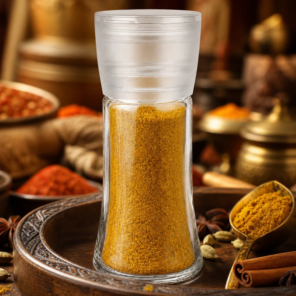 Pot à sel/épices 95 ml avec moulin Vario blanc Pot à épices Vario de 95 ml avec moulin blanc, rempli de curry en poudre jaune, dans un décor oriental