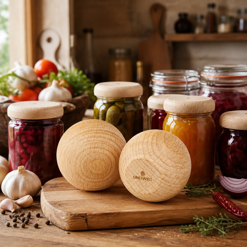 UNiTWIST Sphère en bois (hêtre) pour WECK RR60 Sphères en bois UNiTWIST hêtre WECK RR60 dans une cuisine rustique avec des bocaux et des ingrédients frais Exemple d'utilisation