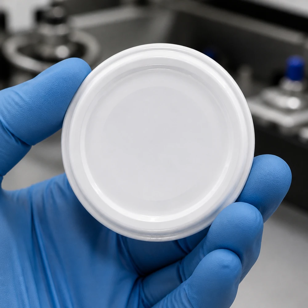 Couvercle stérile blanc UNiTWIST TO82 sans BPA, maintenu par un gant en latex bleu unitemp