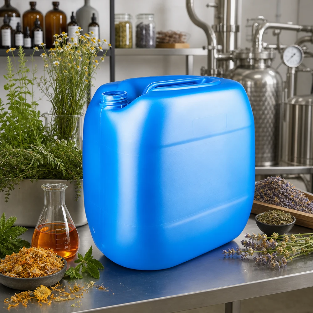 Bidon bleu de 30 litres en polyéthylène haute densité, sans couvercle, destiné aux huiles essentielles et aux extraits