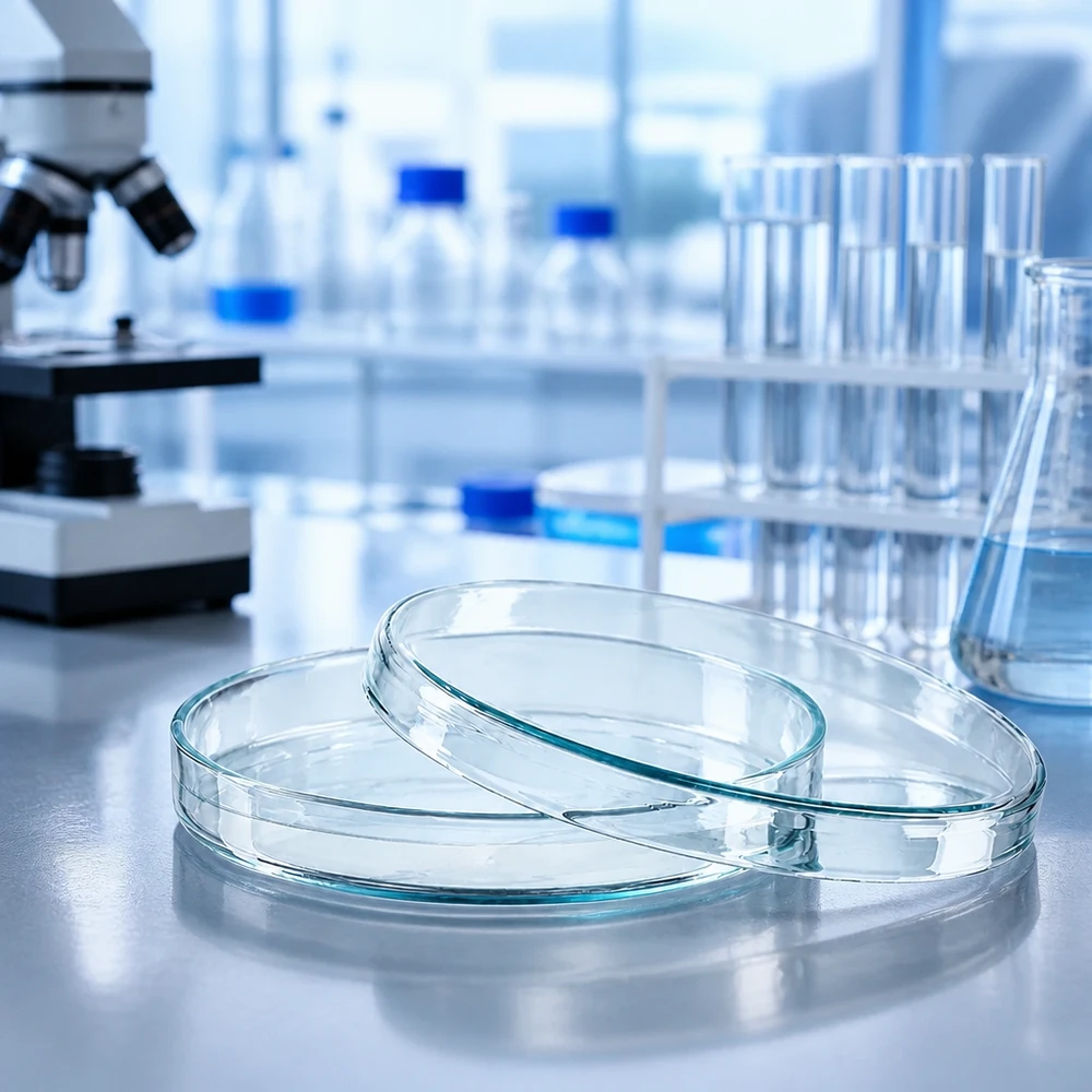 Des boîtes de Pétri en verre vides de 100 x 15 mm à côté de tubes à essai et de fioles Erlenmeyer dans un laboratoire