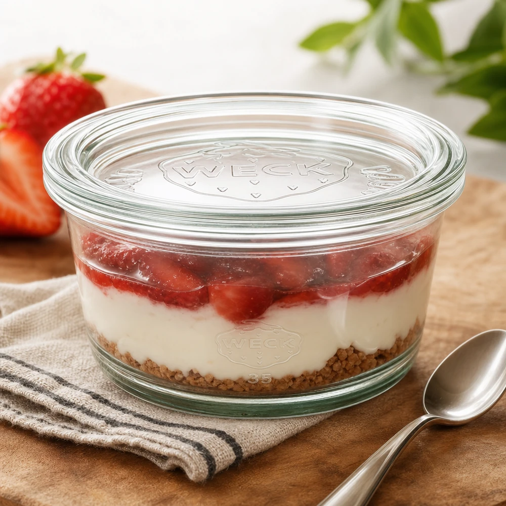 WECK RR120 Verre gourmet 450ml rempli de dessert stratifié aux fraises sur table en bois avec cuillère et fraises fraîches