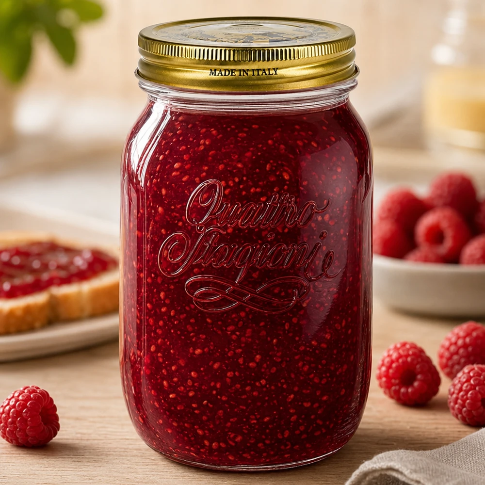 Pot Quattro Stagioni de 1000ml rempli de confiture de framboises entouré de framboises fraîches pot de conserve italien